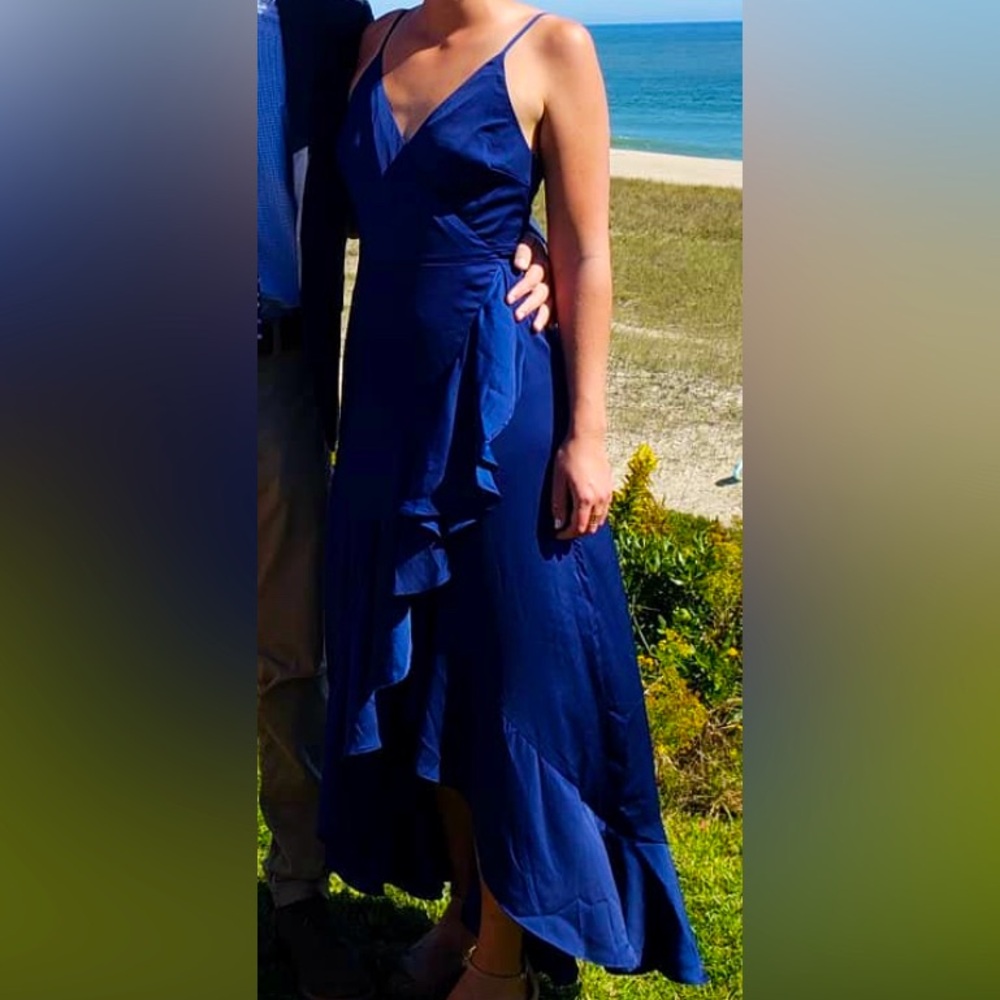 Yumi Kim formal blue wrap dress with ruffled hem